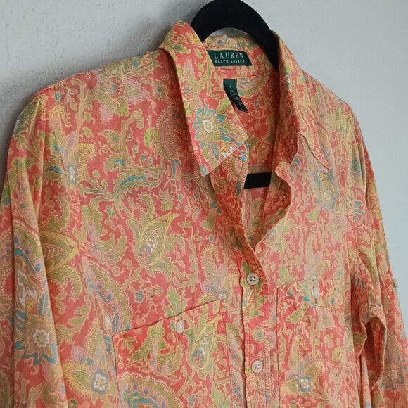 Lauren Ralph Lauren Coral Paisley Womens Long Sleeve Button Down Shirt sz S - Picture 2 of 8